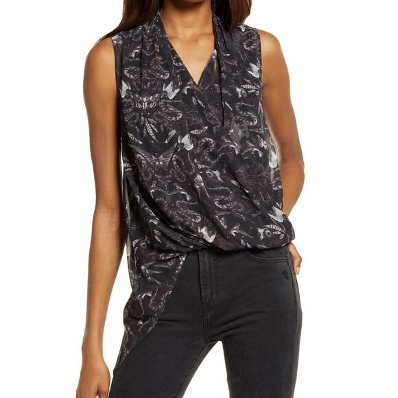 ALLSAINTS Abi Somnium Asymmetrical Draped Botanical Print Top Black 10 - Picture 2 of 11